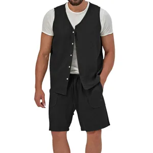 Men's casual summer cotton linen vest and shorts two-piece set for stylish daily wear.