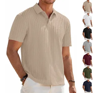 Men's Casual Loose Knit Jacquard Short Sleeve Polo Shirt Summer Solid Color Top