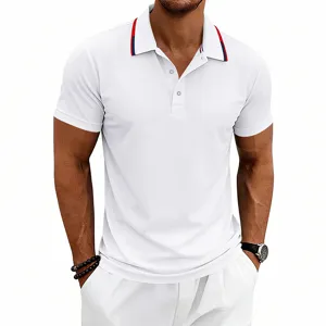 Men's casual short sleeve polo shirt featuring a stylish red and blue contrast collar.