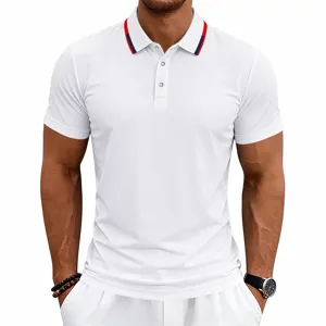 Close-up view of the men's white short-sleeve polo shirt with stylish striped collar details.