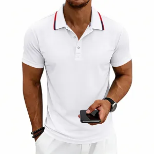 Detail shot of men's white short sleeve polo shirt with red blue collar trim and buttons.