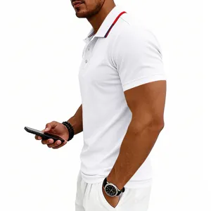 Men's short sleeve polo shirt collar detail, slim fit summer casual business wear.