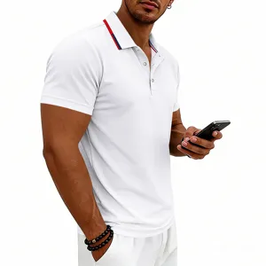 Men's short sleeve polo shirt detail showing collar stripe design and fabric texture.
