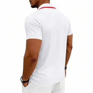 Close-up back detail of men's white short-sleeve polo shirt with red collar trim and soft fabric.