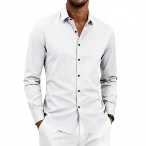 Detailed view of men's slim fit long sleeve dress shirt with black button closure and lapel.