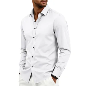 Mens slim fit long sleeve shirt detail view, casual lapel design with black buttons.