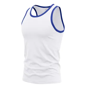 Gedetailleerd overzicht van de heren sporttanktop met blauwe contrastrand en ademende sportstof.