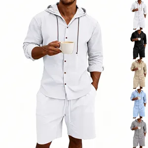 Men summer linen hooded shirt and shorts set casual loose breathable beach vacation outfit.