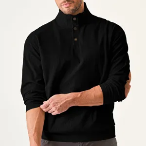 Men's casual ribbed mock neck long sleeve pullover sweater with buttons and elbow patch.