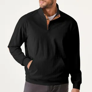 Men casual corduroy stand collar sweatshirt long sleeve pullover with front pockets.