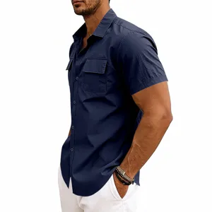 Men's casual short sleeve utility shirt with dual chest pockets for outdoor summer wear.