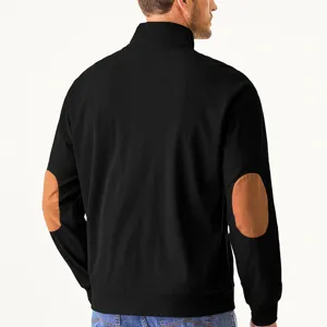 Detailed back view of men casual ribbed corduroy sweatshirt with elbow patches and stand collar.