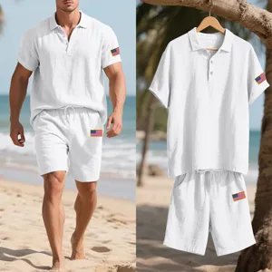 Men summer linen short sleeve polo shirt and shorts set with flag patch casual beach wear.