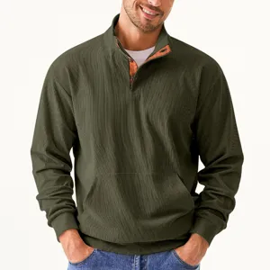 Men's green corduroy mock neck pullover sweatshirt with front pocket for autumn casual wear.