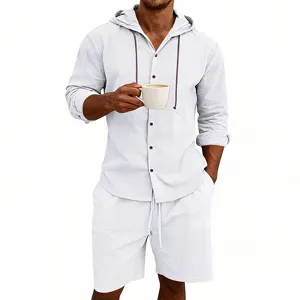 Detail of mens casual linen hooded shirt and shorts set in white, breathable summer beach wear.