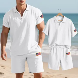 Men's Casual Linen Blend Polo Shirt And Shorts Set Summer Short Sleeve Beach Outfit With US Flag Embroidery