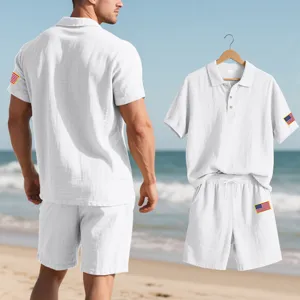 Detail view of men's casual linen short-sleeve polo shirt and shorts set for summer beach wear.
