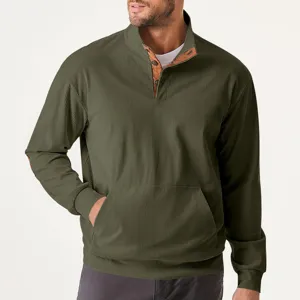 Men's casual stand collar long sleeve ribbed corduroy sweatshirt with front kangaroo pocket.