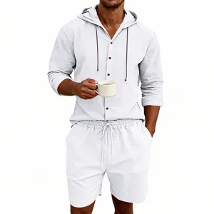 Men's casual linen hooded shirt and shorts set summer beach two-piece outfit white