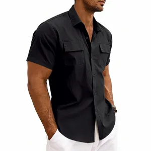 Men black short sleeve utility shirt detail view, casual lapel double pocket cargo top