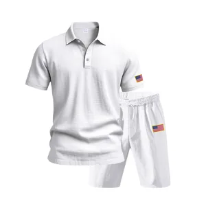 Mens summer linen polo shirt and shorts set with flag embroidery, casual two-piece outfit.