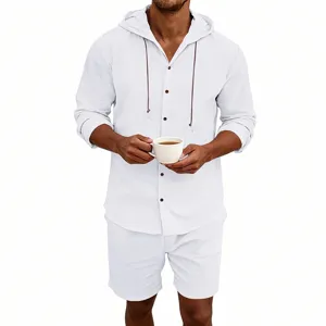 Men's summer casual linen hooded shirt and shorts set detail, breathable solid color fabric.