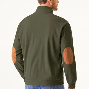 Men casual corduroy stand collar long sleeve jacket with elbow patches back view detail