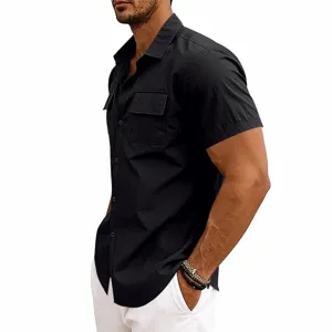 Men's summer short sleeve tactical work shirt detail view showing dual chest pockets and lapel.