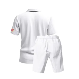 Detail view of men's summer casual white linen polo shirt and shorts set with flag patch.