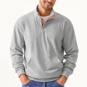 Men's corduroy stand collar long sleeve pullover sweatshirt with front pocket detail view.