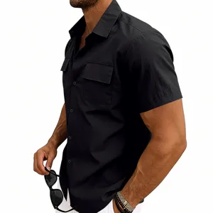 Men's casual short-sleeve utility shirt with dual chest pockets and lapel collar for summer.
