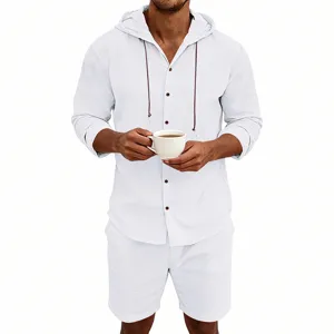 Mens casual white linen hooded shirt and shorts set long sleeve summer beach outfit