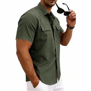 Men's short sleeve utility shirt, casual military lapel button down shirt with double pockets.
