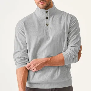 Men's casual stand collar ribbed corduroy long sleeve sweatshirt with practical pocket.