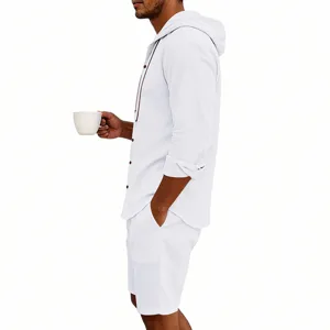 Men's summer casual linen hooded shirt and shorts set, solid white breathable vacation outfit.