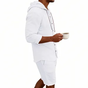 Men's casual summer linen hooded shirt and shorts set in solid white for beach vacation style.