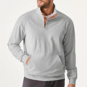 Men's casual light grey stand collar ribbed corduroy sweatshirt with pocket detail.