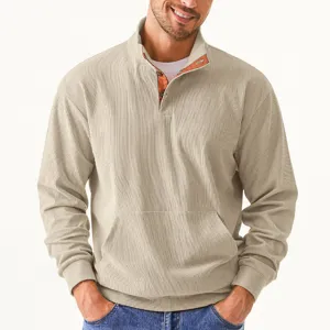 Detail view of men's casual corduroy stand collar long sleeve sweatshirt with front pocket.