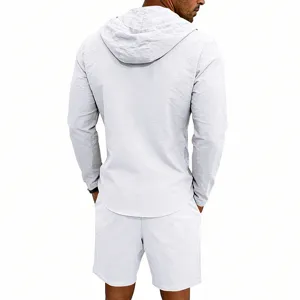 Men casual linen long sleeve hooded shirt and shorts set summer solid color beachwear outfit