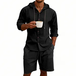 Close-up view of the men's breathable linen hooded shirt and shorts set details and texture.