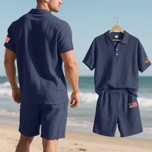 Men's summer casual linen polo shirt and shorts set with American flag embroidery detail.