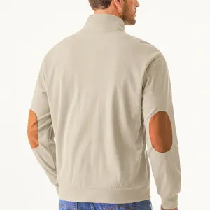 Detail view of mens casual stand collar corduroy jacket back with elbow patches.