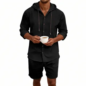 Details of the breathable men's long-sleeve hooded linen shirt and shorts set in black.