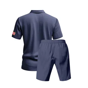 Men's summer casual polo shirt and shorts set in dark blue with sleeve flag embroidery.