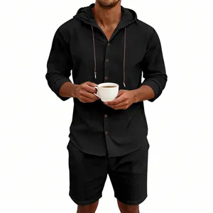 Detail shot of men's casual linen hooded shirt and shorts set in solid black color.