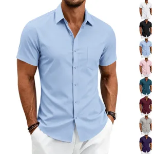 Men's casual short-sleeve button-down shirt solid color business work wear top males