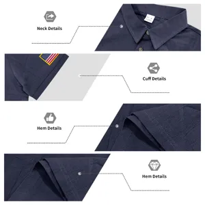 Men's casual short sleeve solid color linen polo shirt with lapel collar and embroidery details.