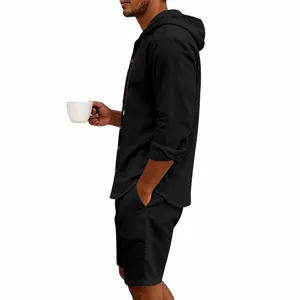Men's casual linen long sleeve hooded shirt and shorts set, solid color breathable summer outfit.
