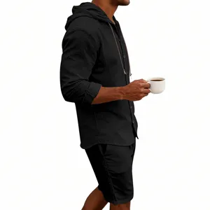 Men's casual linen long sleeve hooded shirt and shorts set for summer vacation wear.