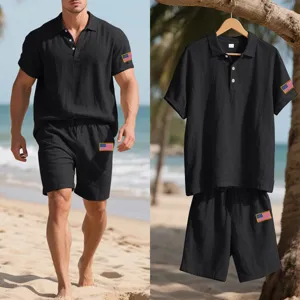 Detail view of men summer linen polo shirt and shorts set featuring stylish flag embroidery.